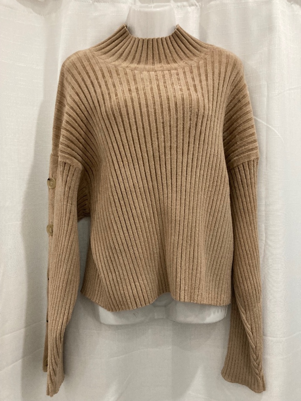 Proenza Schouler Ribbed Button-Sleeve Mock Neck Sweater Tan Camel Wool Blend L
